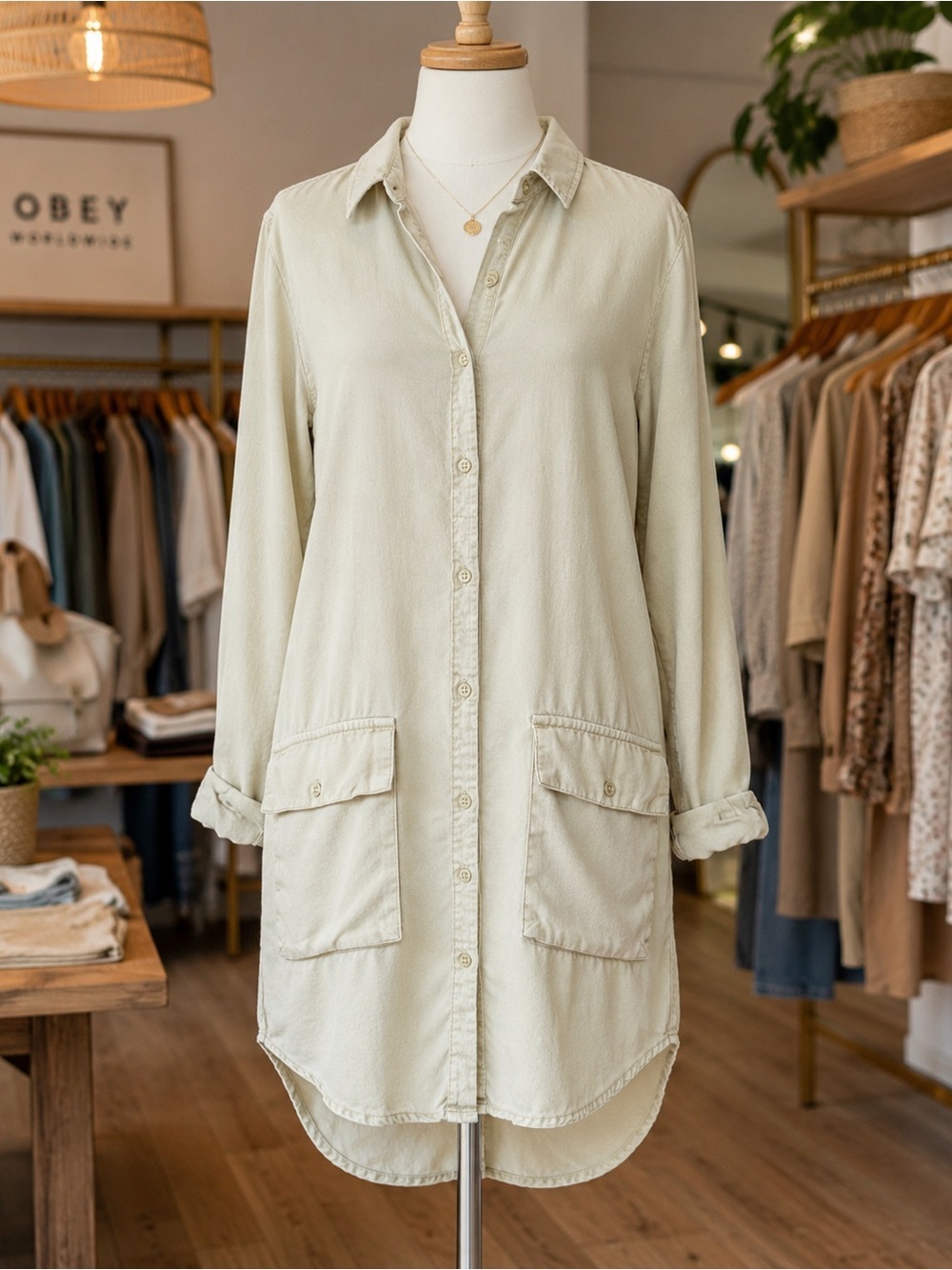NWT Obey Rollins Utility Shirt Dress Lyocell Beige Olive Small